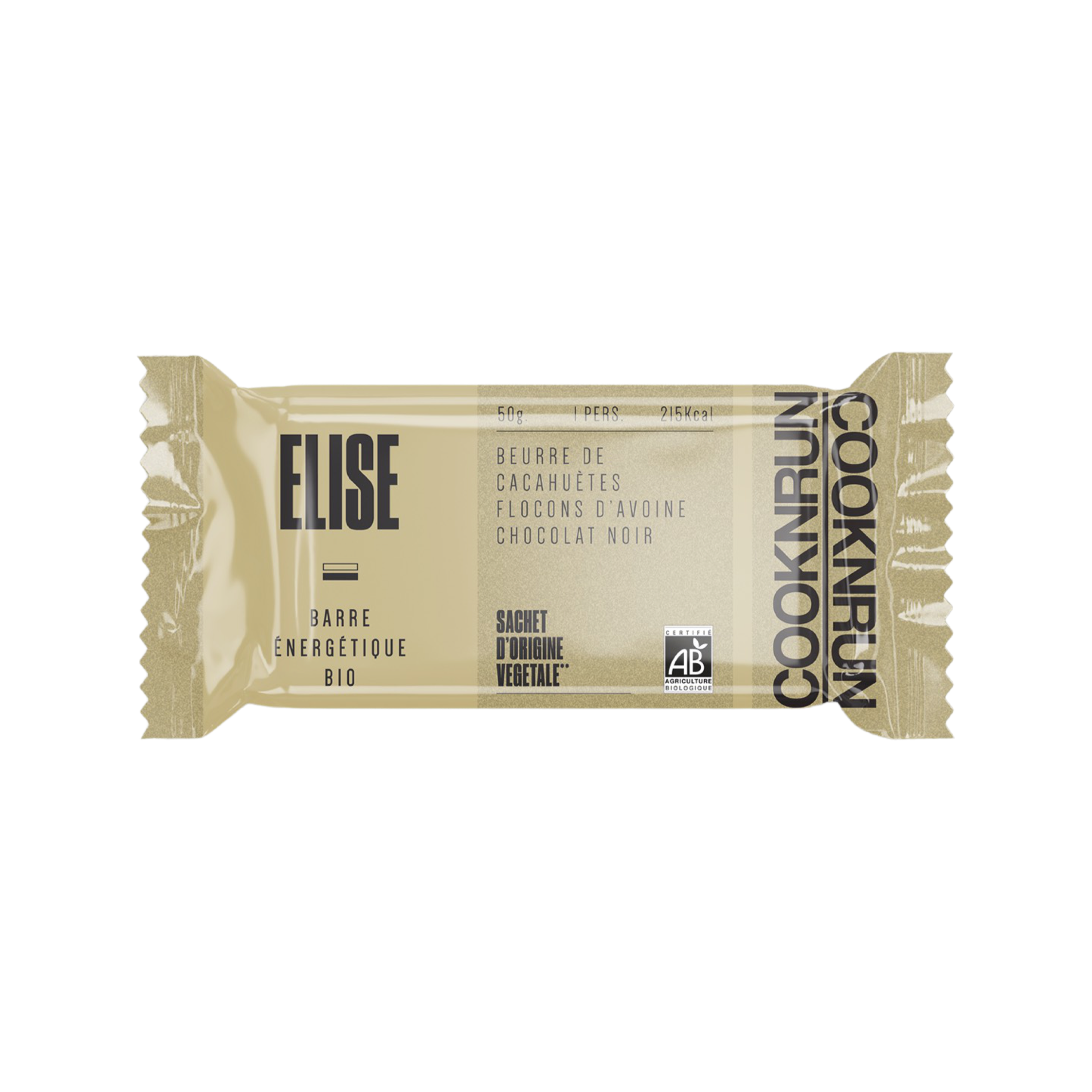 Image de Elise, une barre énergétique bio de chez Cooknrun. Constitué de chocolat noir bio flocon d'avoine et beurre de cacahuètes bio